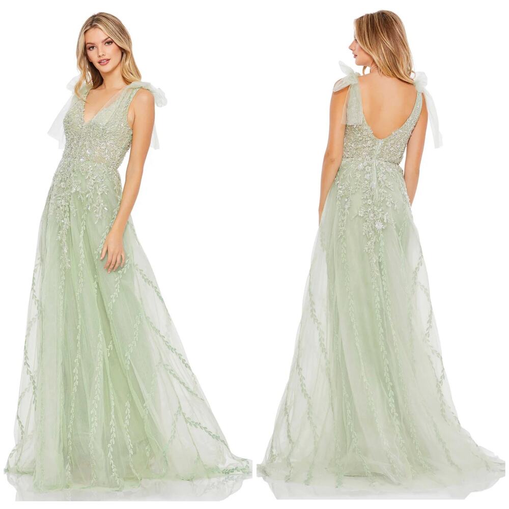 Mac Duggal Light Green Embroidered Tulle Maxi Gown
